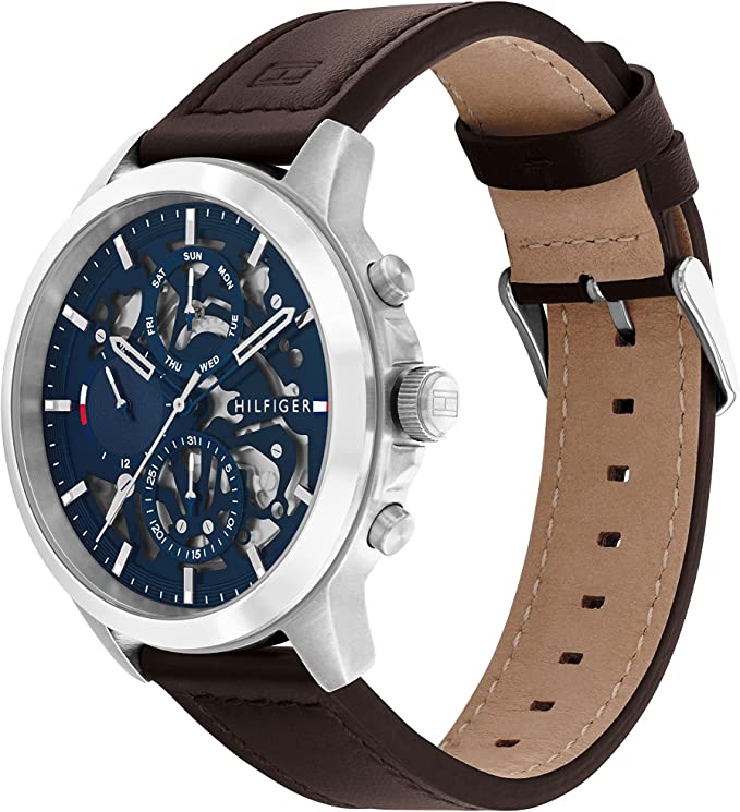 Side view of Tommy Hilfiger watch showing leather strap detail and case profile