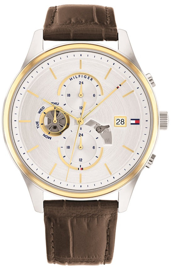 Tommy Hilfiger 1710501 silver dial quartz watch with two-tone case and brown leather strap