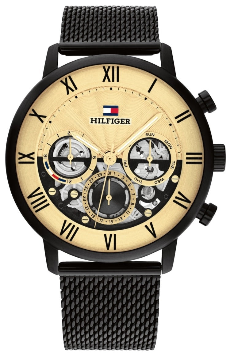 Tommy Hilfiger quartz multifunction watch with golden dial, black case and mesh strap