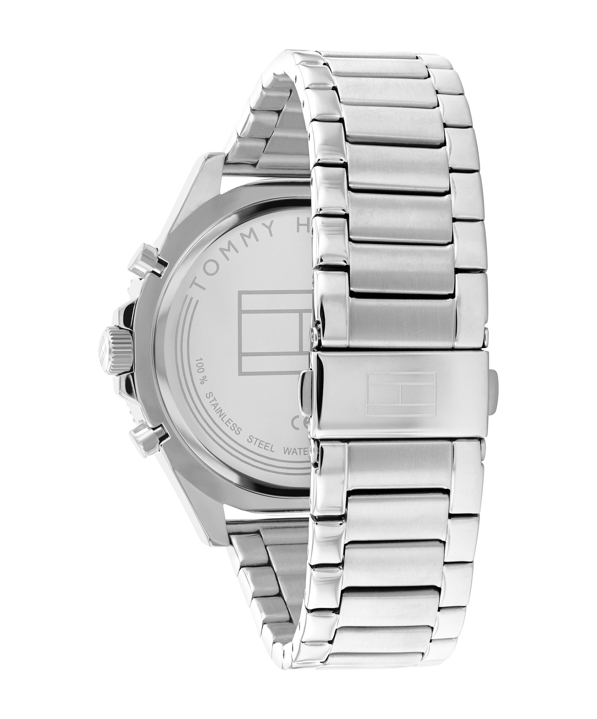 Tommy Hilfiger Legend chronograph watch side view of silver steel bracelet and case
