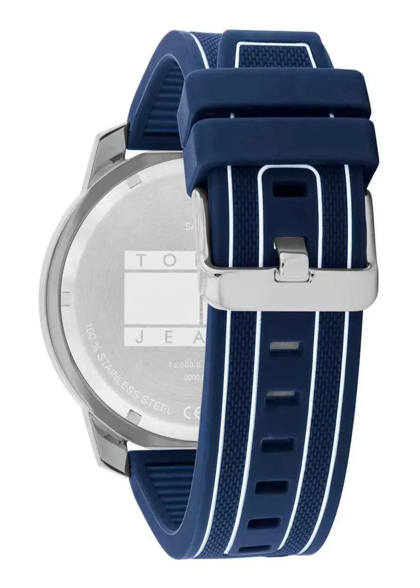 Navy silicone multi-layer strap with white accent stripe and stainless steel buckle