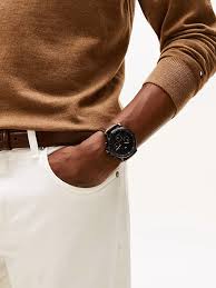 Tommy Hilfiger chronograph watch on wrist in casual style setting