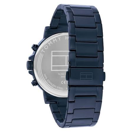 Side view of Tommy Hilfiger chronograph watch showing steel blue bracelet profile