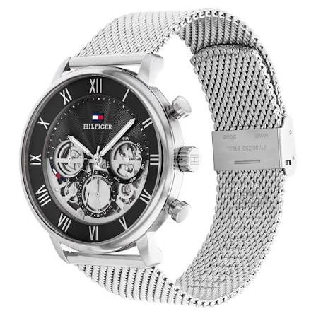 Tommy Hilfiger watch angled view showing mesh strap and dial detail