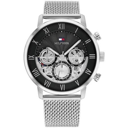 Tommy Hilfiger stainless steel mesh watch with black dial and chronograph subdials