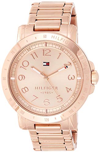 Tommy Hilfiger rose gold women's watch at angle, showing face and rose gold metal band