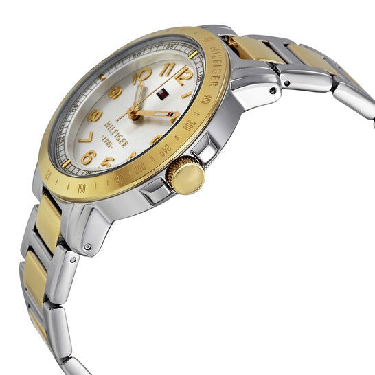Side profile view of Tommy Hilfiger 1781398 two-tone stainless steel women's watch