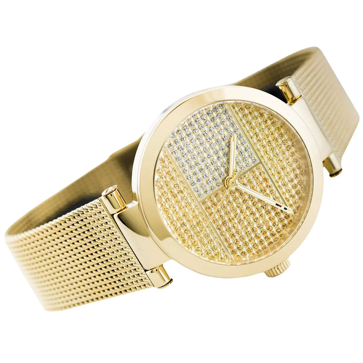 Tommy Hilfiger women's watch with gold mesh strap and crystal-embellished dial