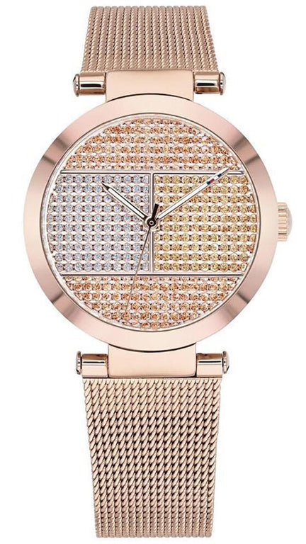 Tommy Hilfiger Lynn women's watch with rose gold case, crystal-studded dial in gold and silver tones, and rose gold mesh band