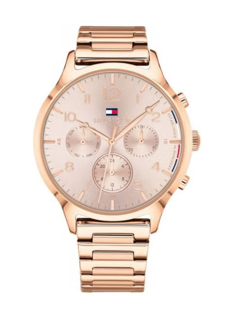 Tommy Hilfiger women's watch with rose gold stainless steel case and pink dial, displayed front view