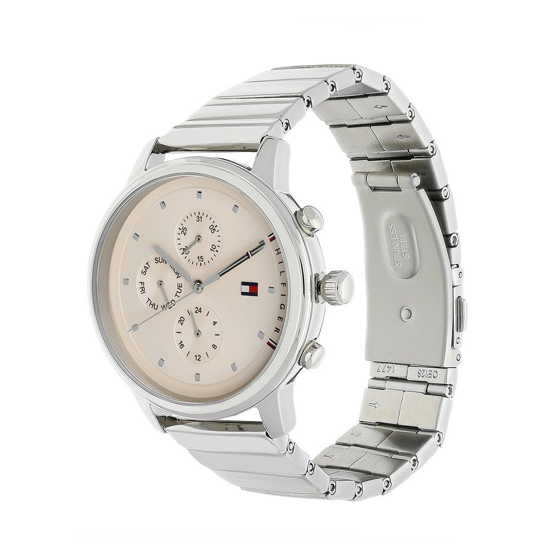 Tommy Hilfiger women's watch angled view showing steel link bracelet and cream dial face