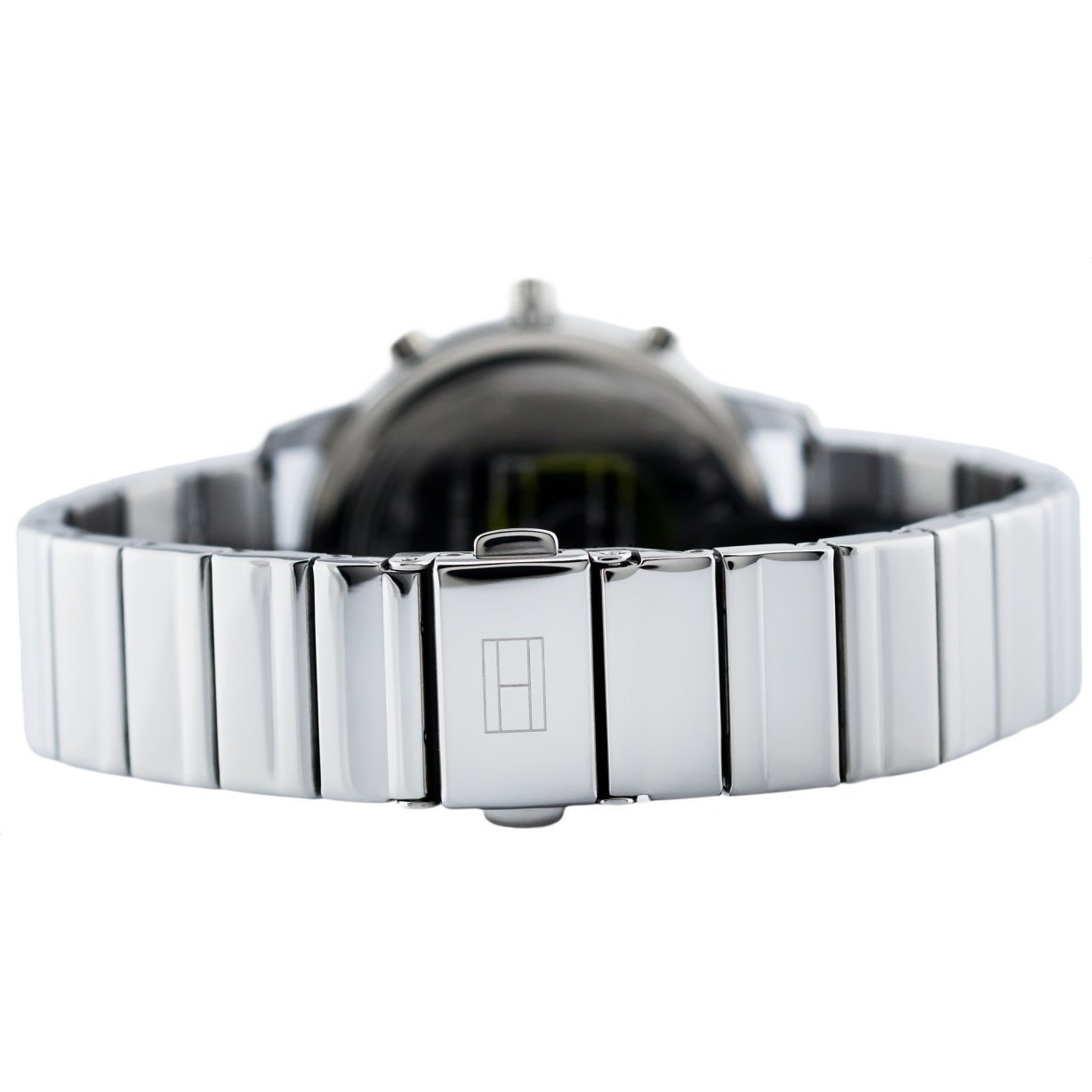 Tommy Hilfiger watch strap detail view showing steel link bracelet and closure mechanism