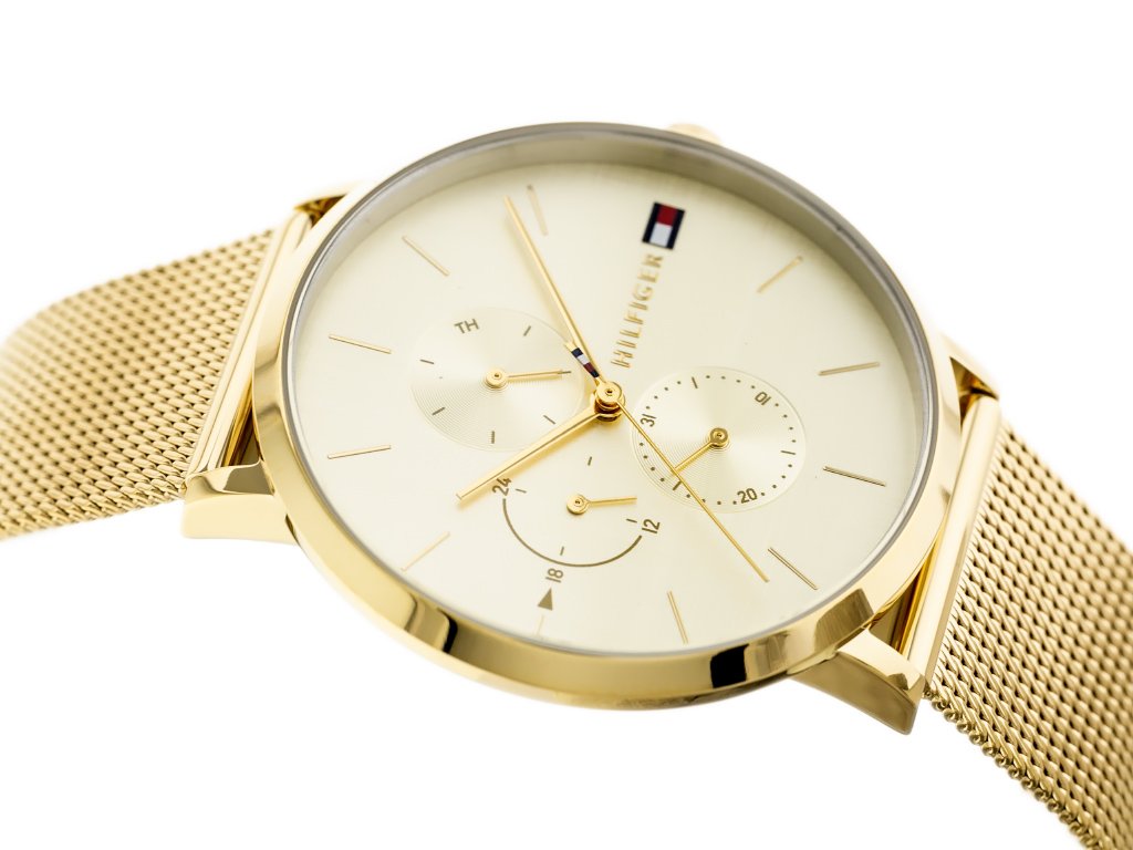 Tommy Hilfiger 1781943 watch with mesh band showing dial detail and chronograph subdials