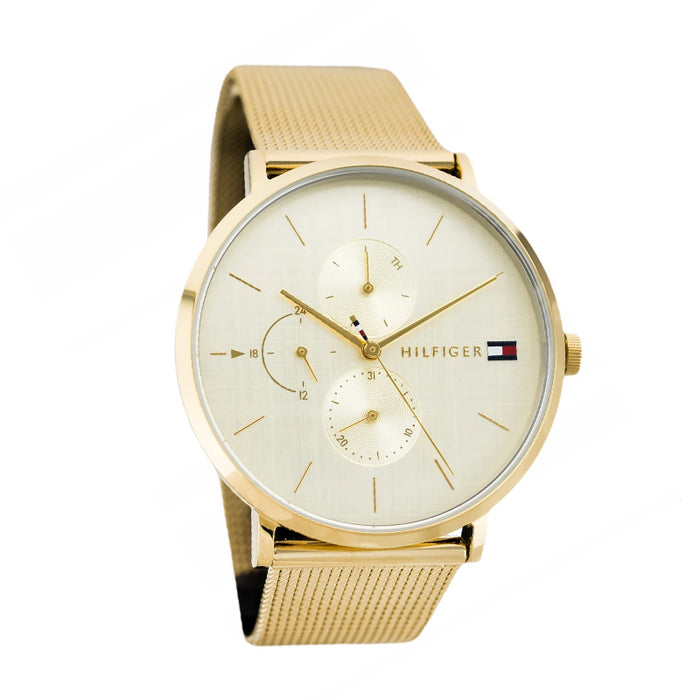 Gold mesh strap women's watch with cream dial and gold tone subdials