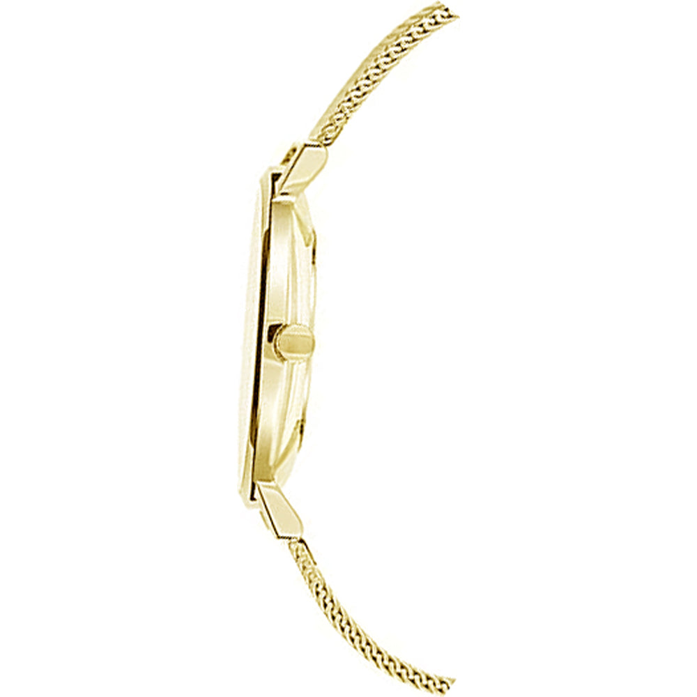 Side profile of gold mesh strap Tommy Hilfiger watch showing case thickness