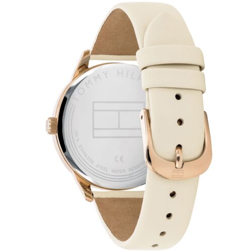 Tommy Hilfiger women's watch caseback and full strap display with cream leather band