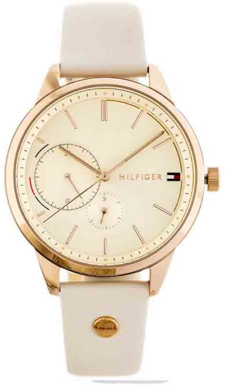 Tommy Hilfiger women's watch with white dial, rose gold case, and cream leather strap