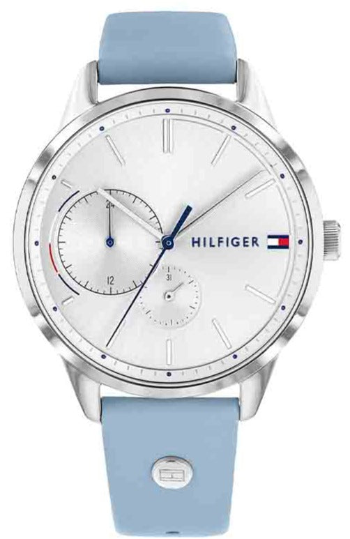 Tommy Hilfiger 1782023 watch with white dial, blue leather strap, and silver-tone case