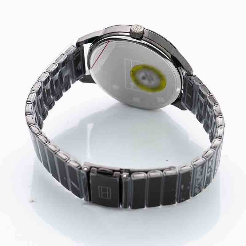 Tommy Hilfiger 1782062 watch caseback showing stainless steel case and strap