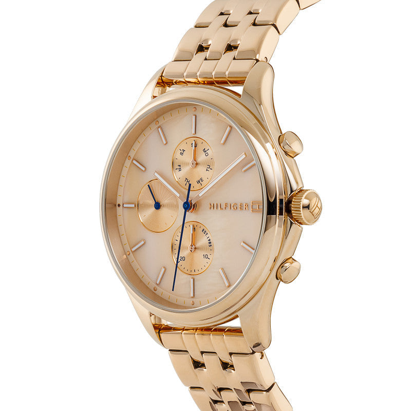 Angled view of Tommy Hilfiger Whitney rose gold watch with three subdials and bracelet