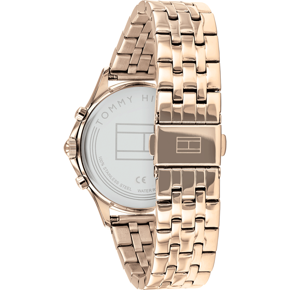 Caseback of Tommy Hilfiger Whitney watch showing rose gold steel case and logo