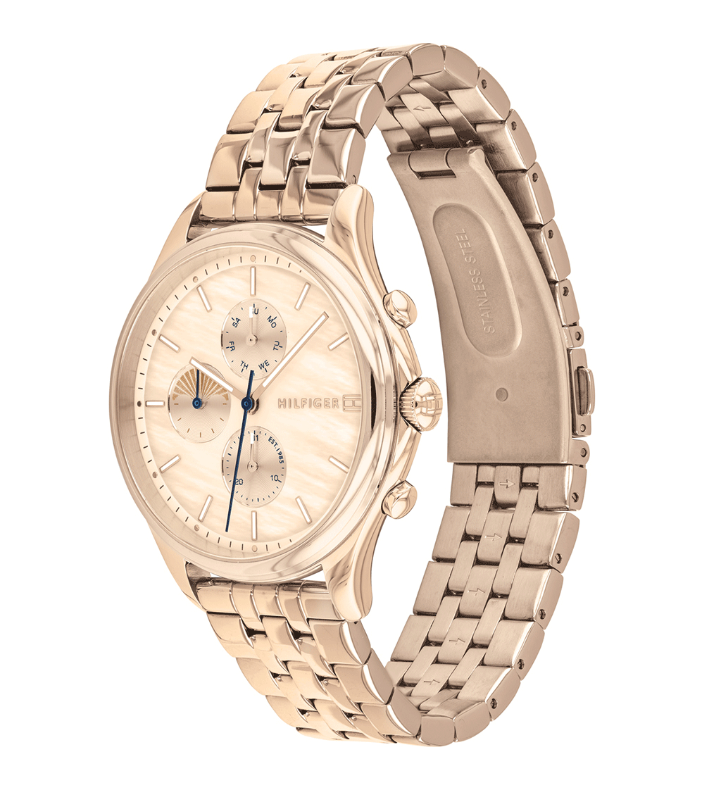 Side view of Tommy Hilfiger Whitney rose gold watch showing dial, crown, and bracelet profile