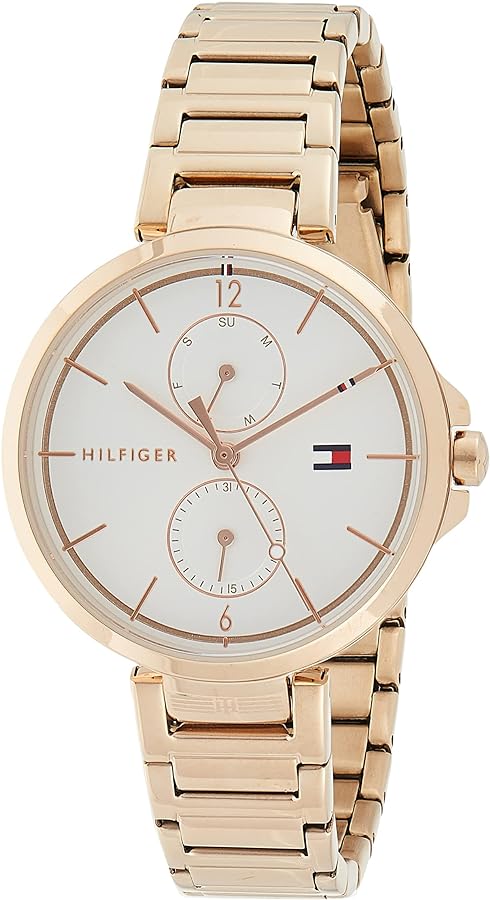 Angled view of Tommy Hilfiger chronograph watch showing rose gold stainless steel bracelet