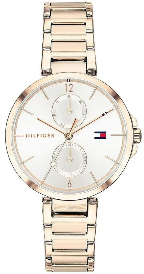 Tommy Hilfiger women's chronograph watch with dual subdials on rose gold stainless steel strap