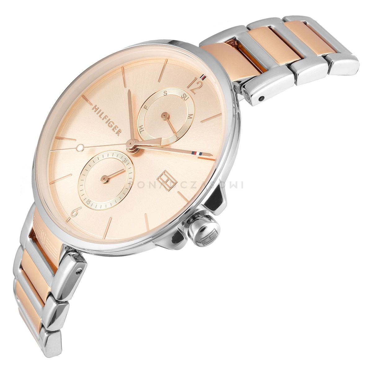 Tommy Hilfiger quartz watch with rose gold sunburst dial and two-tone bracelet, angled view