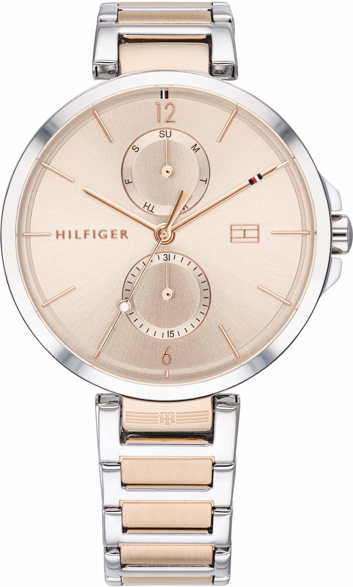 Tommy Hilfiger ladies watch with rose gold dial and two-tone steel bracelet, front view
