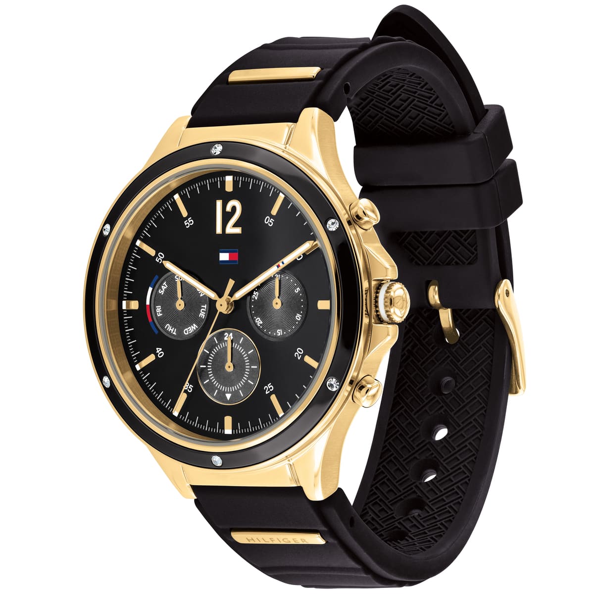 Tommy Hilfiger Sport watch at angle showing chronograph subdials and rubber strap