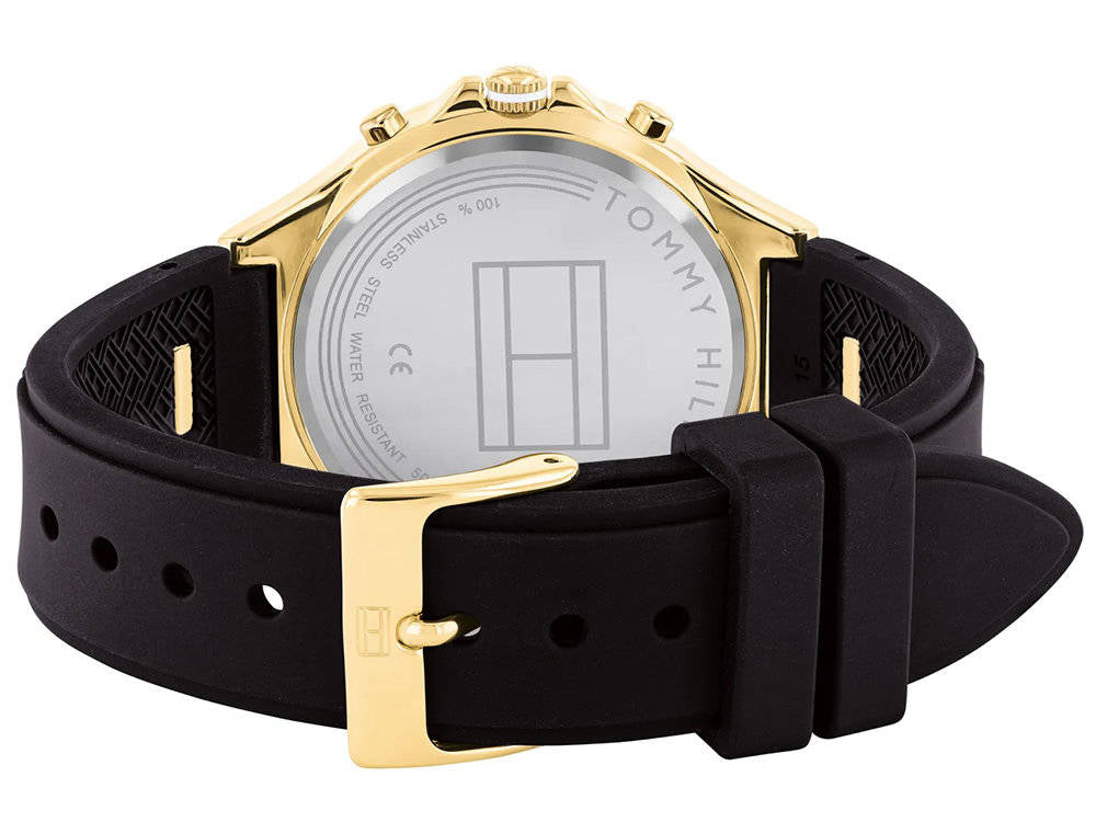 Tommy Hilfiger Sport watch caseback with gold-tone case and black rubber strap