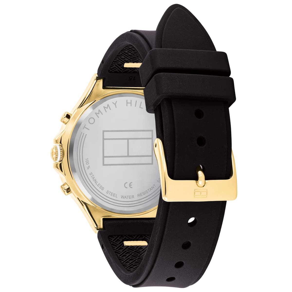 Tommy Hilfiger Sport watch strap detail showing black rubber with gold buckle