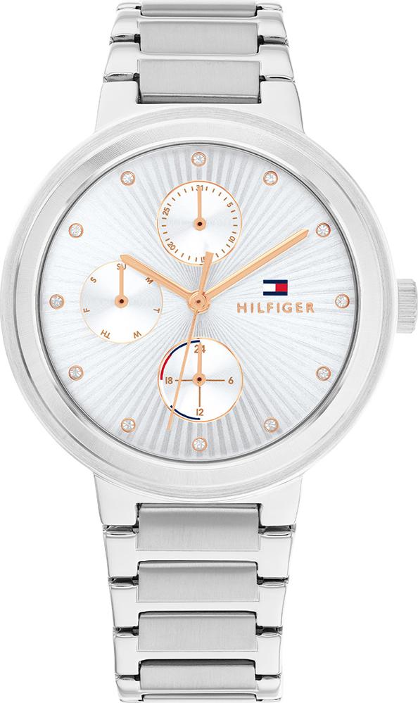 Tommy Hilfiger women's watch with white dial, rose gold hands, and silver stainless steel bracelet