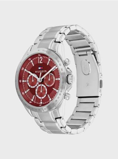 Side angle view of Tommy Hilfiger women's chronograph watch with stainless steel bracelet