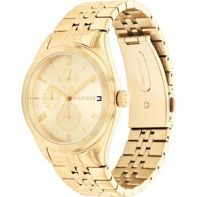 Tommy Hilfiger gold women's watch angled view showing dial and gold bracelet strap