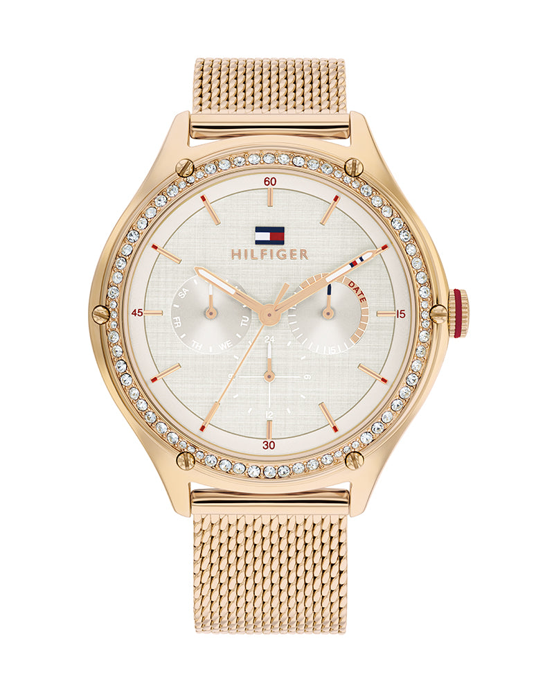 Tommy Hilfiger multifunction women's watch with grey dial, diamond bezel, and golden mesh strap