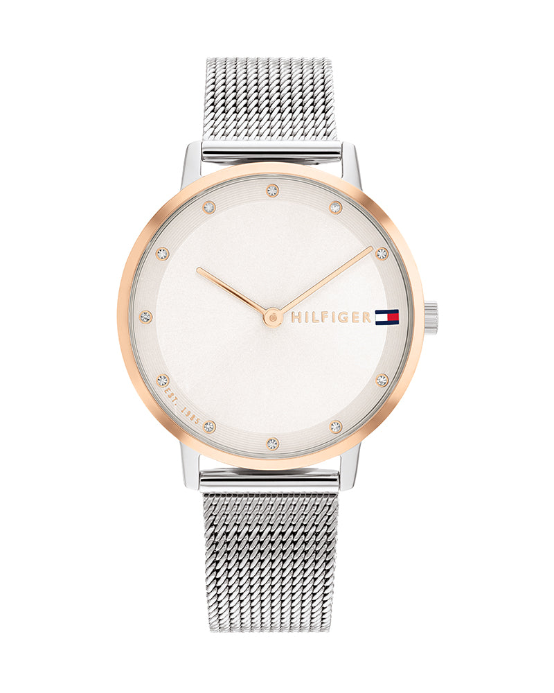 Tommy Hilfiger women's quartz watch with rose gold and silver two-tone case, white dial, and silver mesh band