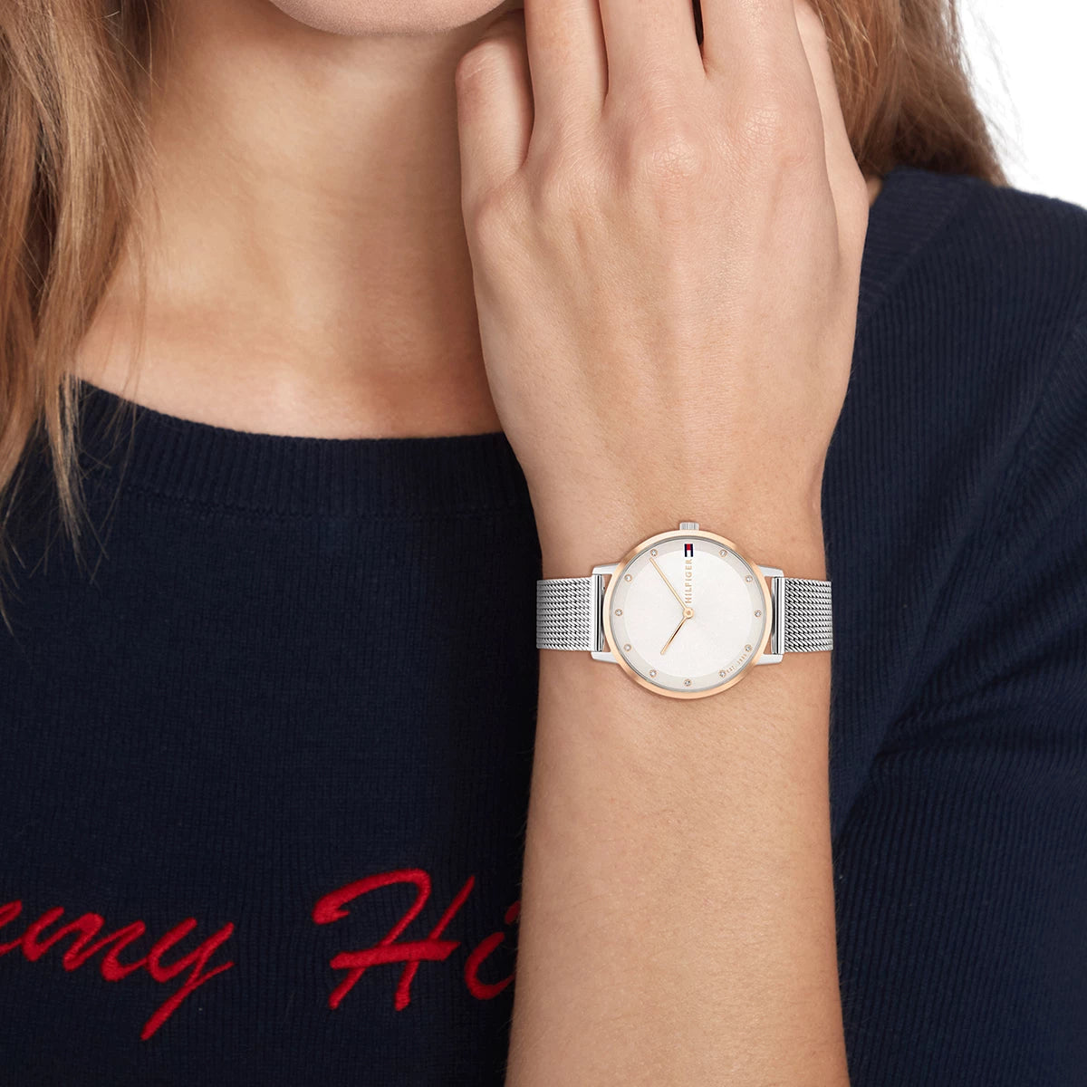 Tommy Hilfiger women's watch on wrist with mesh band