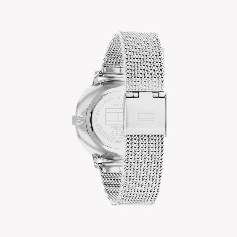 Side view of Tommy Hilfiger women's watch showing mesh band and case profile
