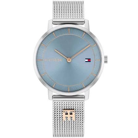 Tommy Hilfiger tea blue dial watch with silver-tone mesh strap and logo