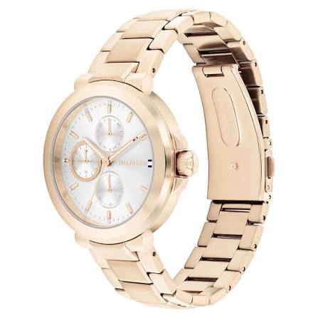 Tommy Hilfiger gold bracelet watch with white dial, angled side view showing strap