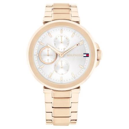 Tommy Hilfiger gold steel watch with white dial and multifunction subdials, front view