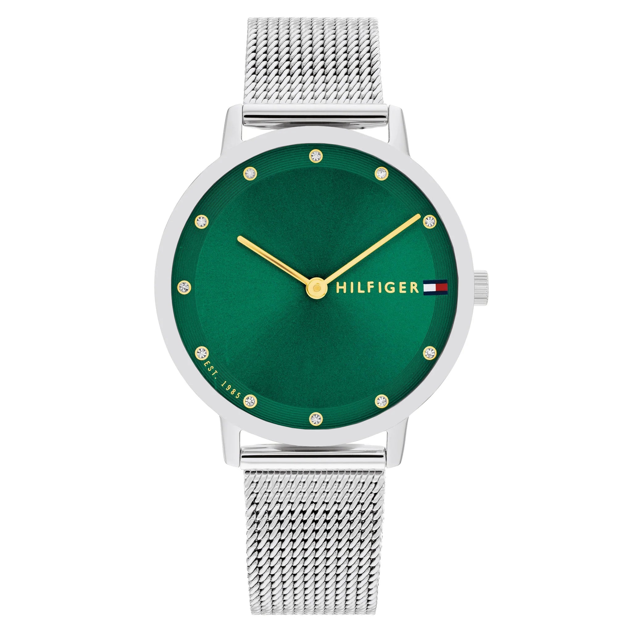 Tommy Hilfiger women's watch with green dial, silver mesh strap, and gold hands