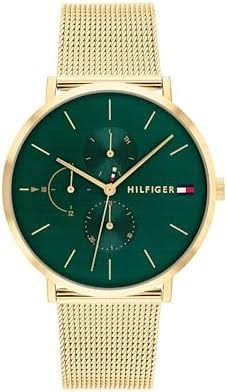 Tommy Hilfiger women's analogue quartz watch with green dial and gold-tone mesh strap