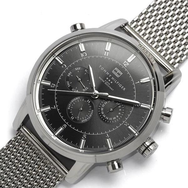 Tommy Hilfiger gray dial silver chronograph watch with mesh strap, front view