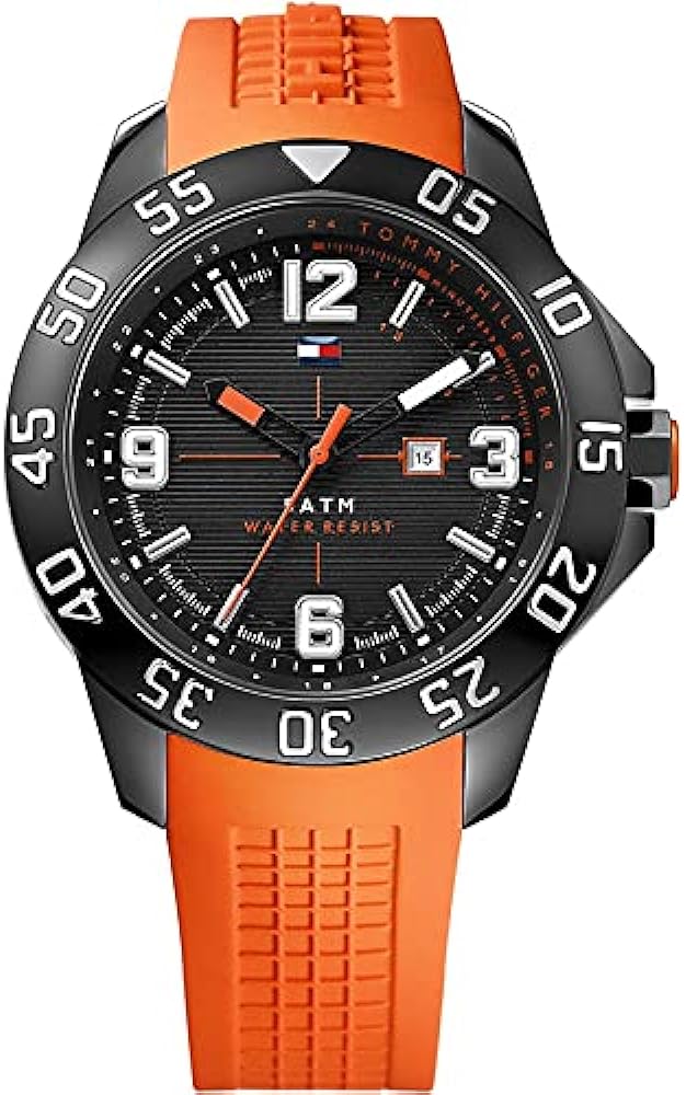Tommy Hilfiger men's watch with black dial, orange rubber strap, and rotating bezel