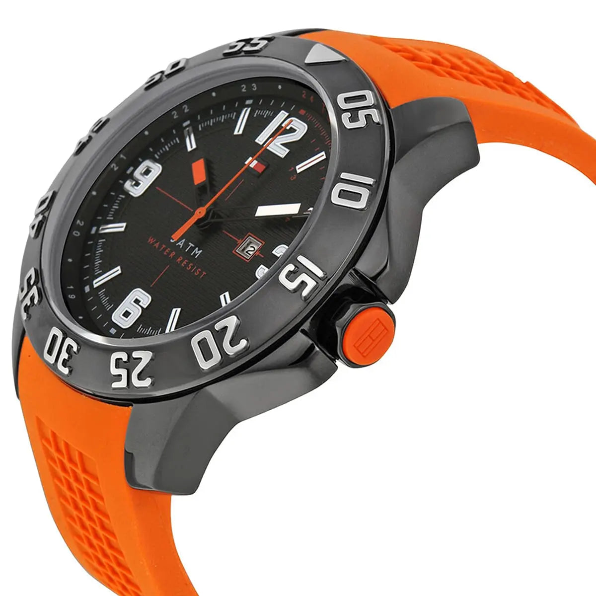 Tommy Hilfiger men's watch side view showing orange rubber strap and black case with bezel