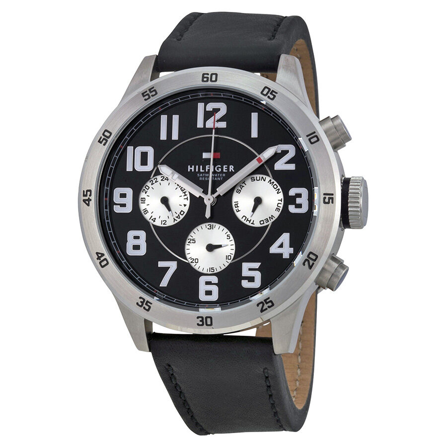 Tommy Hilfiger chronograph watch with black dial, white subdials, and black leather strap