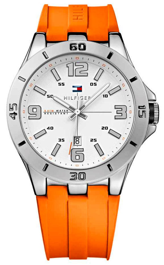 Tommy Hilfiger men's watch with white dial, orange rubber strap, and stainless steel case